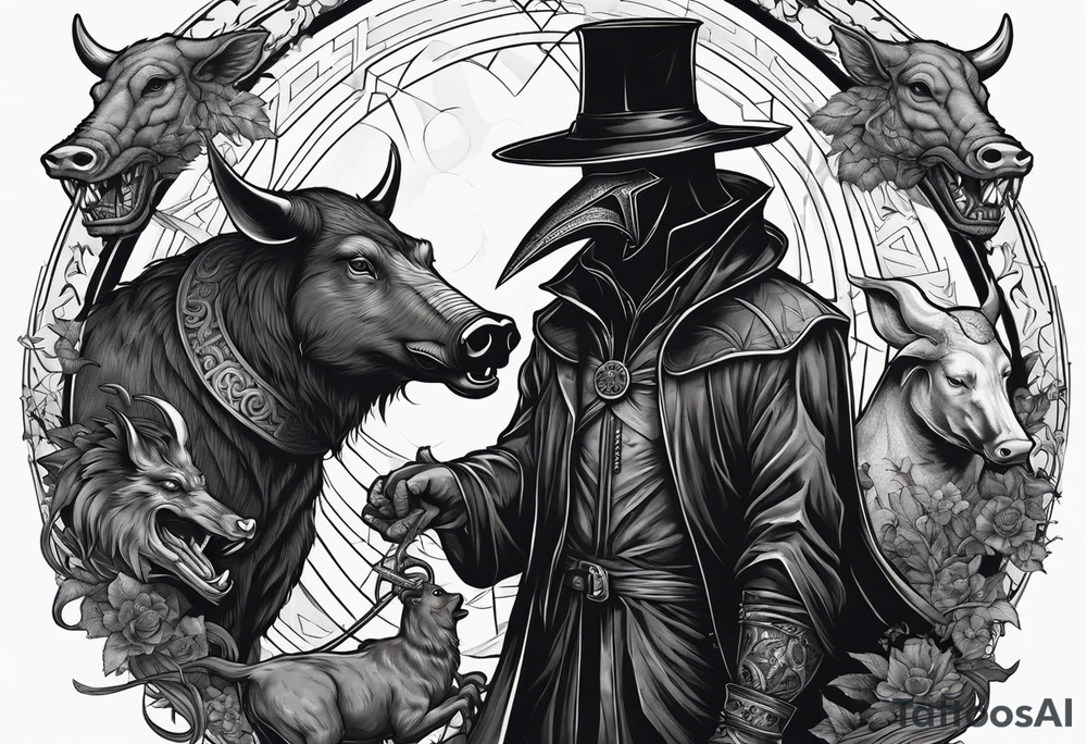 plague doctor surrounded by a scary boar, bull, pitbul, and snake for sleeve tattoo tattoo idea