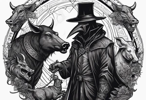 plague doctor surrounded by a scary boar, bull, pitbul, and snake for sleeve tattoo tattoo idea