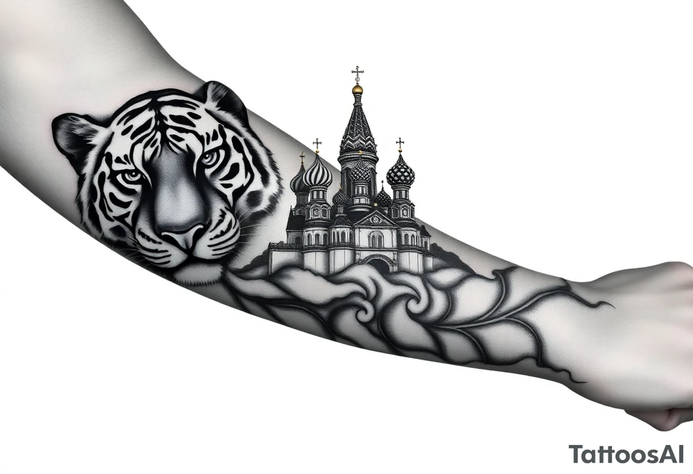 Realistic tiger face on the back of the hand with strong contrast and fine detail with hollow black eyes. with a highly detailed Russian Orthodox cathedral sitting above on fore arm with onion domes and orthodox crosses, done in fine line, engraving-like style. Cohesive composition, black ink only, no color, high contrast, slightly aged, documentary-style, plain light background. with clouds above and a virgin mary tattoo idea
