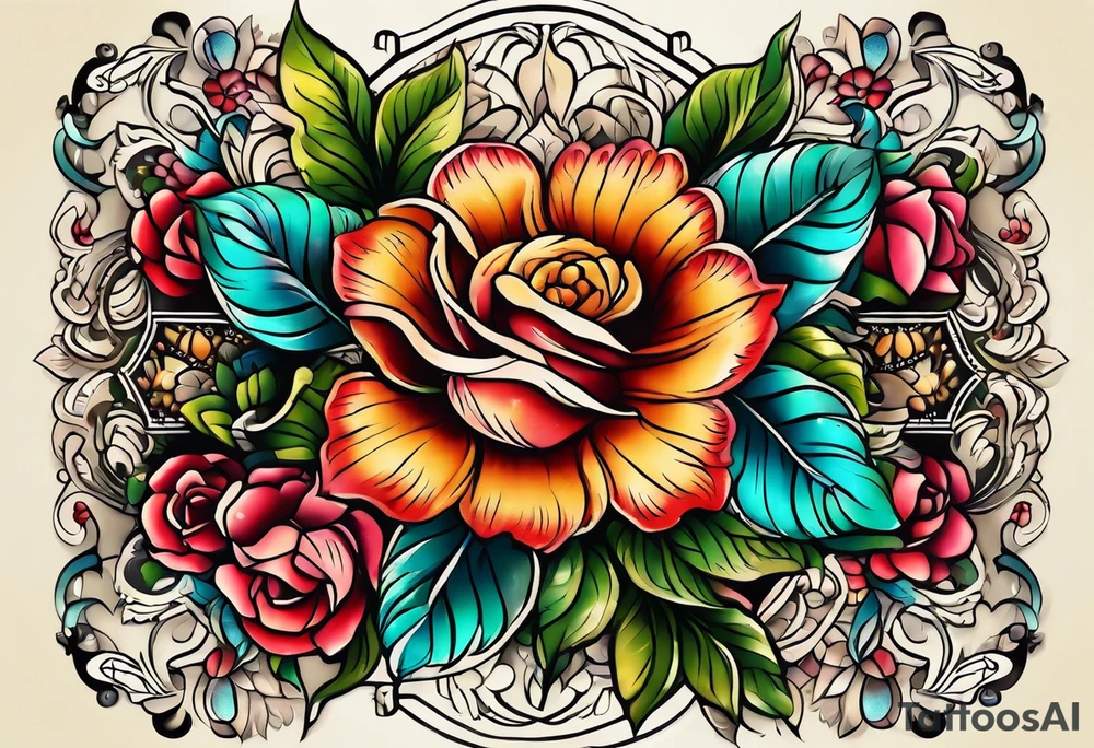 Floral leg piece with beading and lace tattoo idea. colorful, old school flowers, highly detailed, florals. tattoo idea