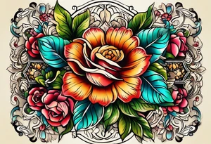 Floral leg piece with beading and lace tattoo idea. colorful, old school flowers, highly detailed, florals. tattoo idea