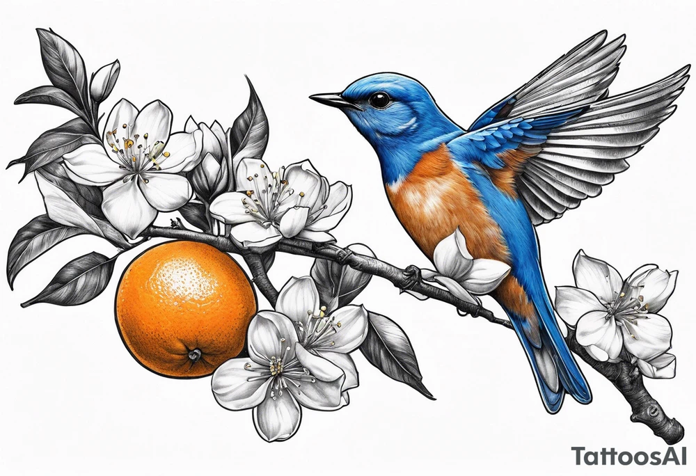 bluebird lifting off of branch with orange blossoms tattoo idea