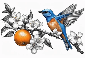 bluebird lifting off of branch with orange blossoms tattoo idea