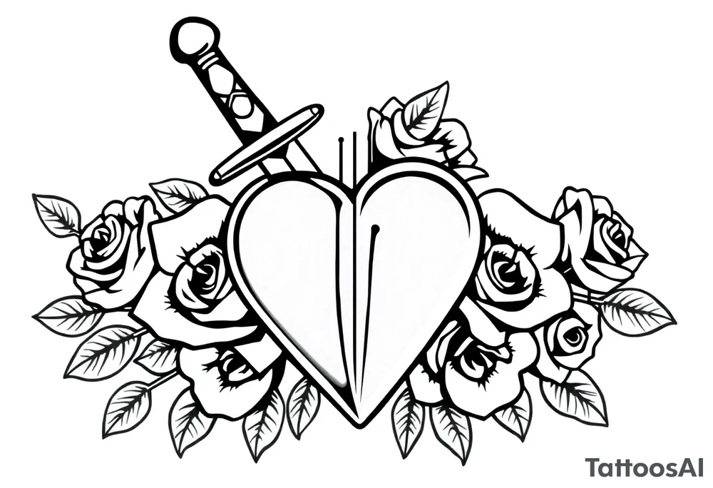 dagger piercing a heart with roses tattoo idea