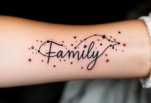 Family inked in fine-line black with tiny gold stars scattered around it like a constellation. tattoo idea