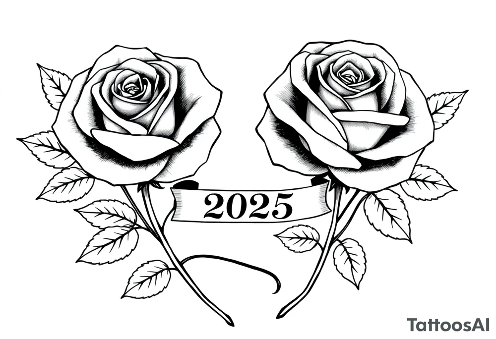 two beautiful large rose buds, one larger than the other, with many leaves next to the rose buds, with one sitting higher than the other. Include a banner connecting the two roses with the year "2025" on it.   Use dark outlines with little shading. The two stems should be short, not long, and connect and join into one stem, whimsically curved or twisted - not straight down. tattoo idea