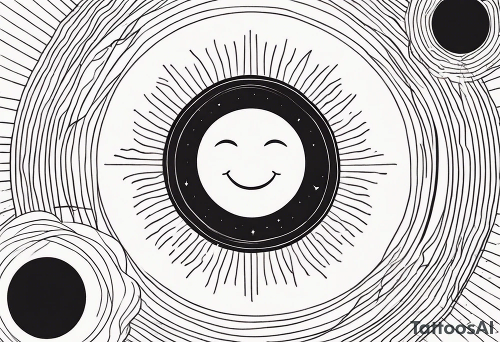 black tiny sun. a circle with thin lines as sunstrings. tiny smiley in the sun. thin lines. tattoo idea