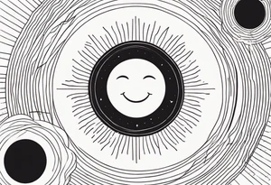 black tiny sun. a circle with thin lines as sunstrings. tiny smiley in the sun. thin lines. tattoo idea