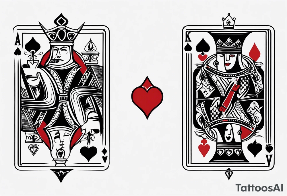 one combined tatto in minimalistic style with icon style three king of spades and icon style one queen of hearts. extreme minimalstic and few lines. much more minimlastic and fewer lines tattoo idea