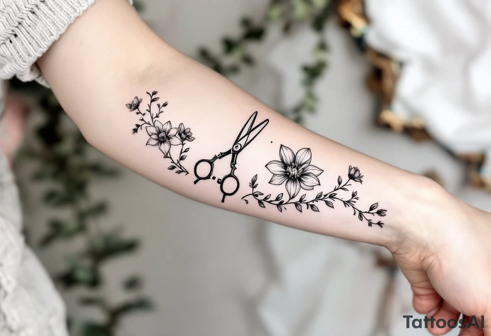 large haircutting scissors going from wrist to elbow with a large hawthorn flower, larkspur, daffodil and vine woven around up and down the arm tattoo idea