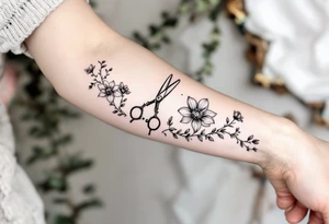 large haircutting scissors going from wrist to elbow with a large hawthorn flower, larkspur, daffodil and vine woven around up and down the arm tattoo idea