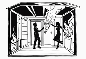 two people slow dancing in a burning room but the outside of the house is burning tattoo idea