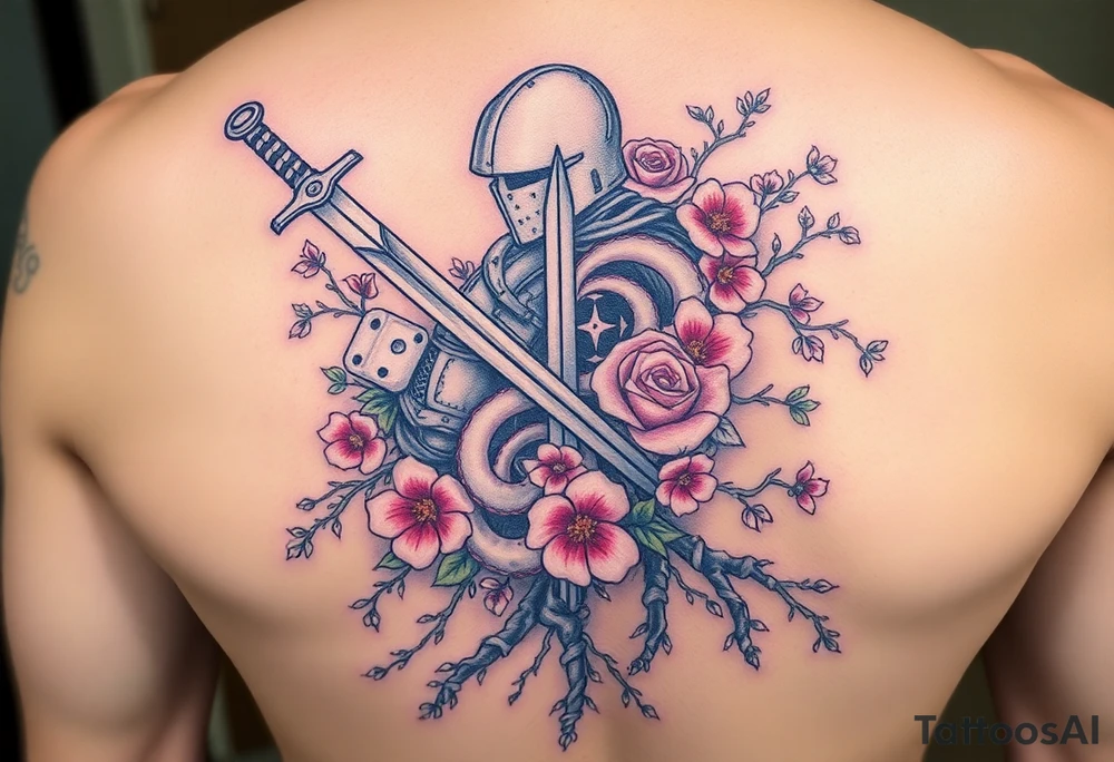 knight with sword and squid intertwined with climbing roses and tree roots with cherry blossoms rolling dice tattoo idea
