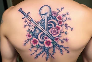knight with sword and squid intertwined with climbing roses and tree roots with cherry blossoms rolling dice tattoo idea