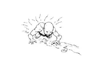 Confusion and pressure in thin lines solo traveler with no face with his body parts left on the path he’s crawling tattoo idea