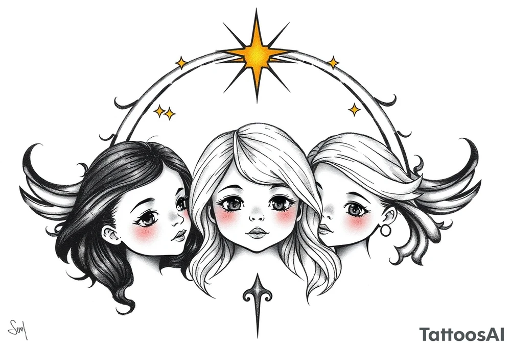 3 petites filles ( une cheveux noir et deux blondes)
sous un arc en ciel divin tattoo idea