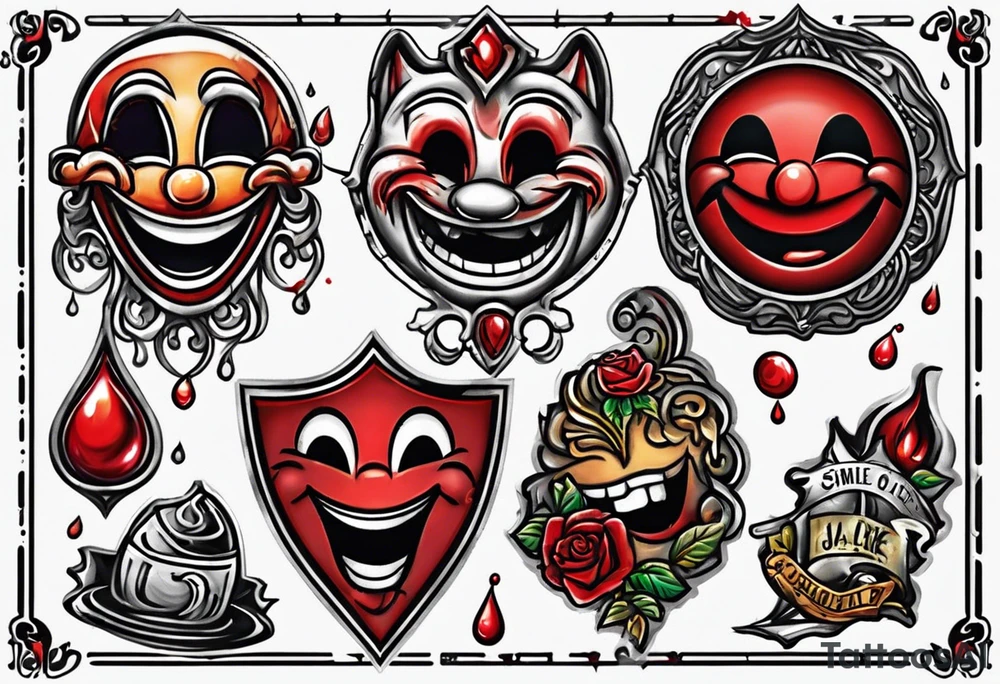Smile face pin with a drop of blood on it.  Words under it say it's all a joke tattoo idea