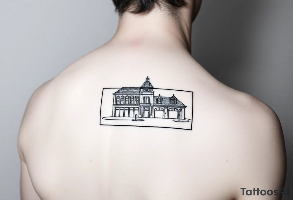 A Simple line drawing of flinders street station outlined in a portrait rectangle box on the bottom of the tricept above the elbow tattoo idea