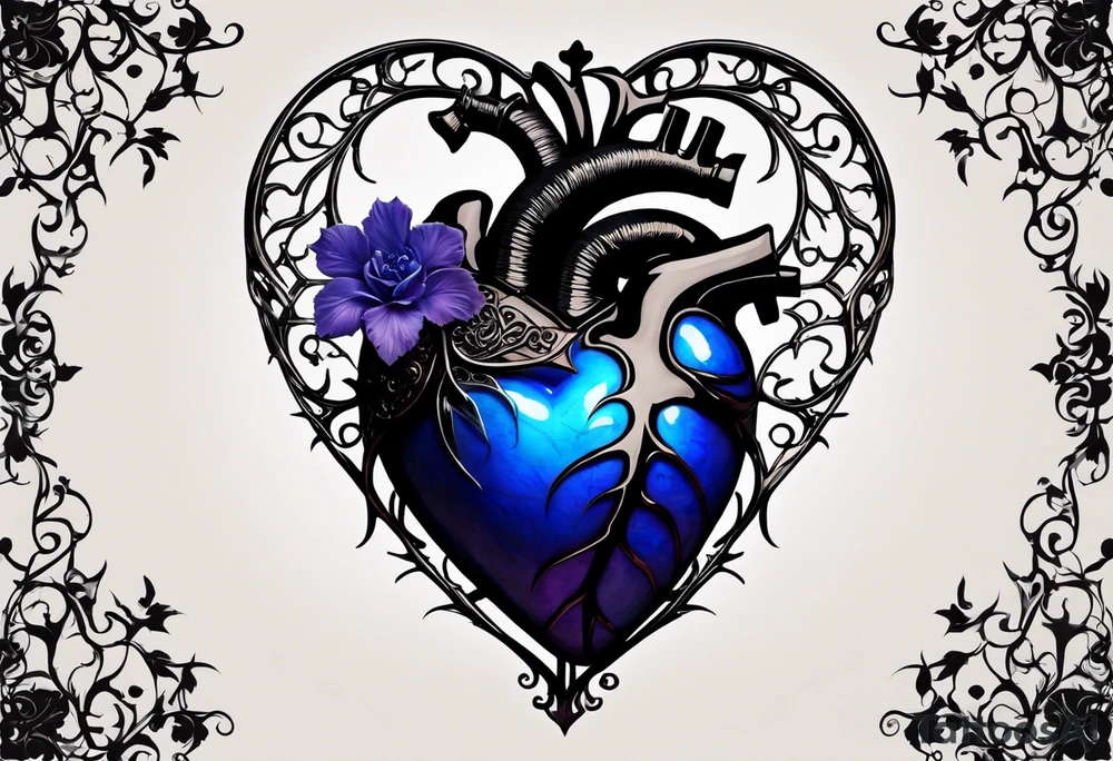 Central image: Anatomical blue heart with black filigree or thorns
Style: Gothic, with dark purples, blues, and blacks as the primary color scheme.
Elements:
 * Cherry blossoms with wispy petals winding around the heart or hourglass.
 * Black hourglass with silver or white sand above the heart.
 * Banner below the heart with the inscription "nankurunaisa" in a gothic script.
 * Brain and skull intertwined with gears or clockwork details.
 * Black butterfly with blue or purple accents near the cherry blossoms.
 * Dark swirling clouds with lightning bolts. tattoo idea