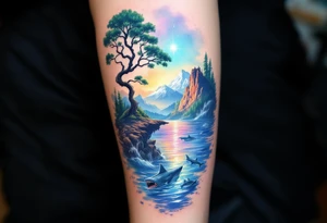 tattoo that has an acacia tree with forest mountains, ocean with a ship wreck with sharks and the bright northern star tattoo idea