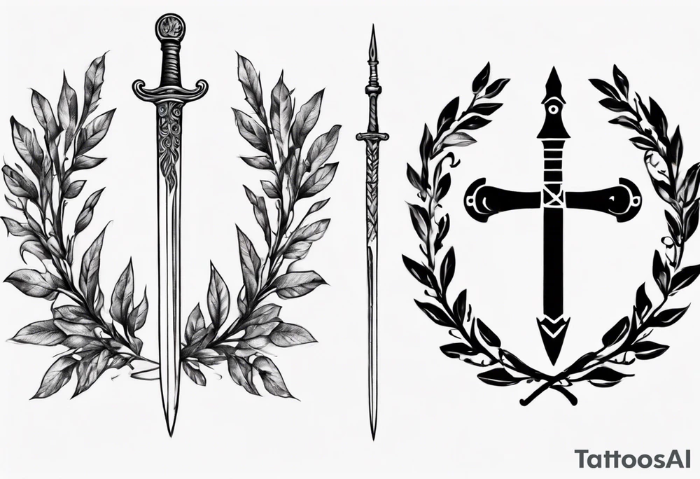 A sword and the number 13 in the middle of a laurel leaf wreath tattoo idea