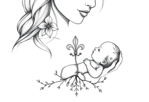 Mère assise  qui allaite son bébé, la mère à une fleur de lys sur la tête reliée au cordon ombilical du bébé et des racines d’arbre de vie. tattoo idea