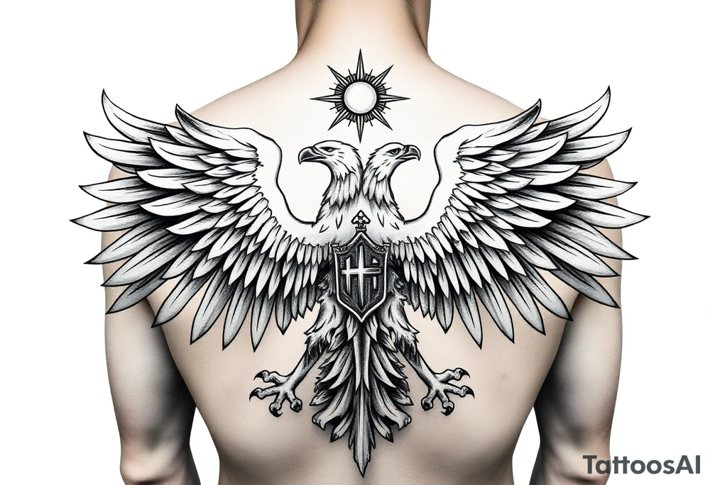 i am looking at getting a russian / serbian style double headed eagle like the coat of arms spread out on my back neck across my shoulders / traps in a orthodox christian church style setting with a sun beaming and in a mountainous setting, such as a Sovereign of the Mountain tattoo idea