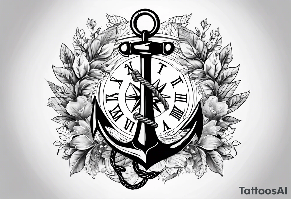 A selucid style anchor in front of a compass and a narrow laurel wreathe wrapped around the compass tattoo idea