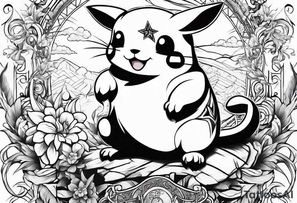 pickachu sitting on a lion listening to music with music notes and thunder bolts tattoo idea