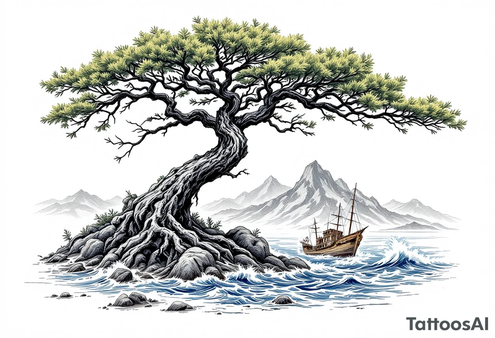 acacia tree with mountains and the ocean and a ship wreck tattoo idea