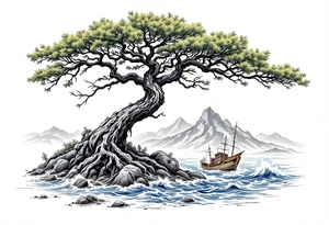 acacia tree with mountains and the ocean and a ship wreck tattoo idea