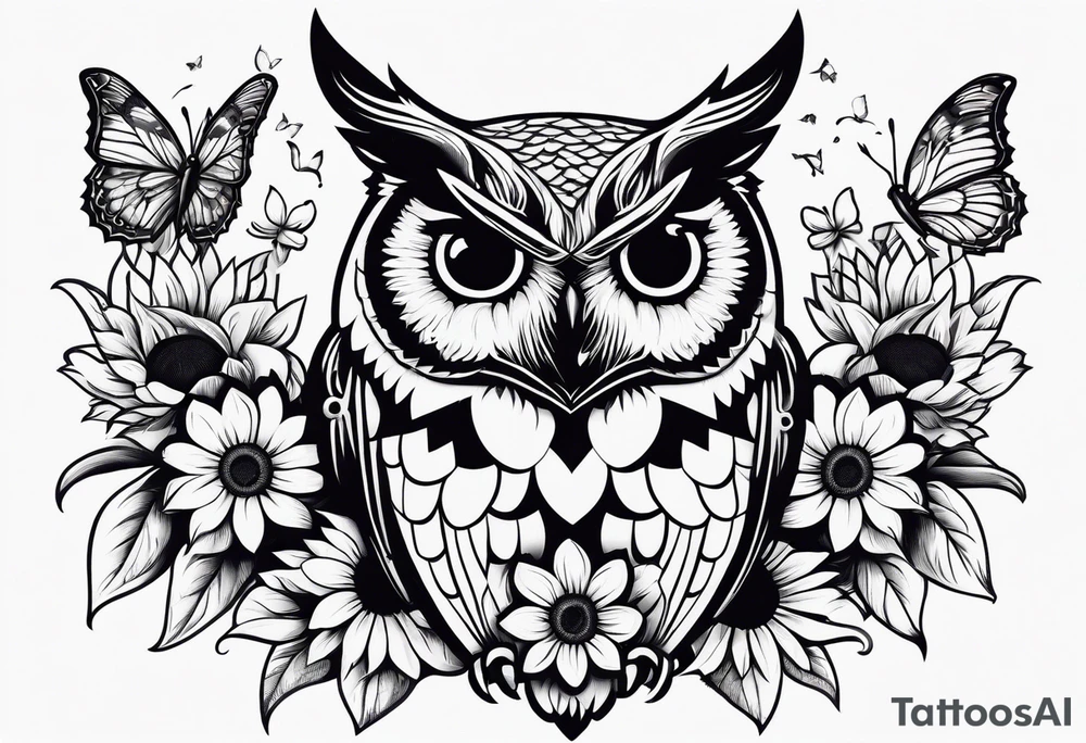 Owl with butterfly and sunflower tattoo idea