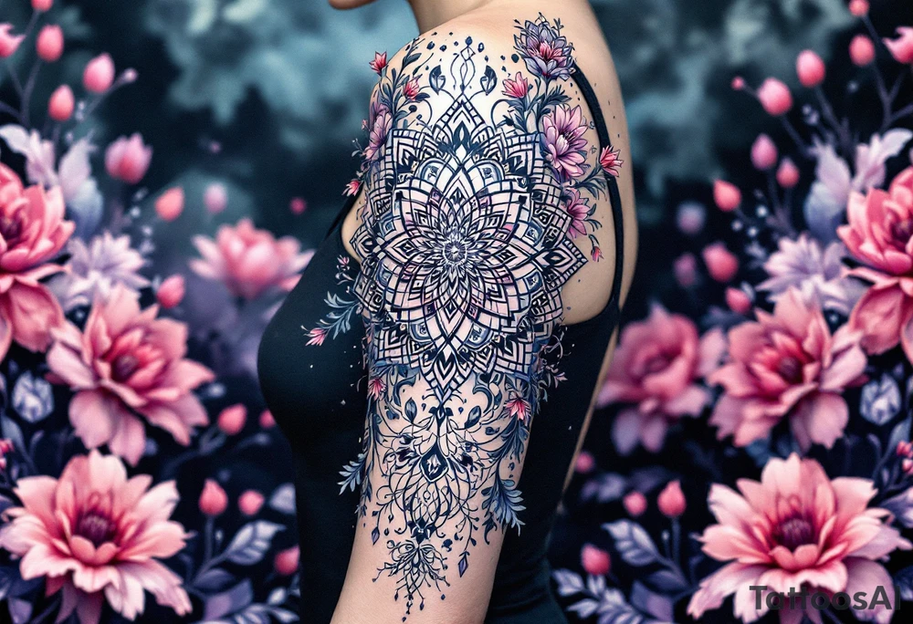 A delicate, intricate mandala surrounded by soft, flowing flowers, symbolizing harmony, balance, and femininity. tattoo idea