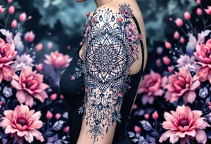 A delicate, intricate mandala surrounded by soft, flowing flowers, symbolizing harmony, balance, and femininity. tattoo idea