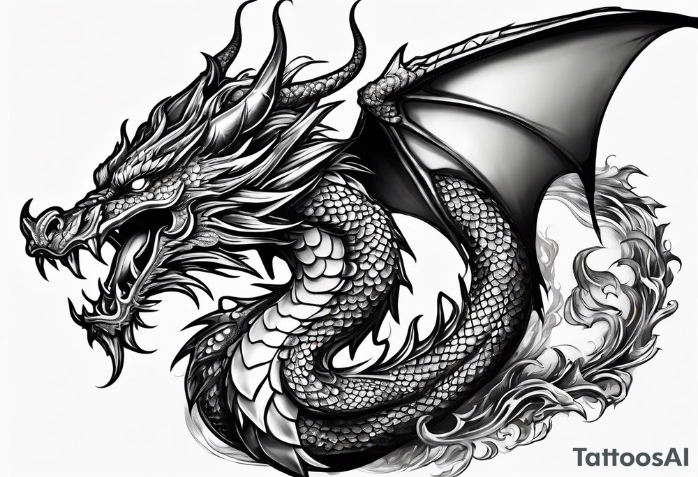 An ornate dragon breathing fire, with intricate scales and a fierce expression, symbolizing power and protection.” tattoo idea