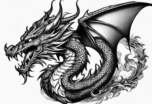 An ornate dragon breathing fire, with intricate scales and a fierce expression, symbolizing power and protection.” tattoo idea