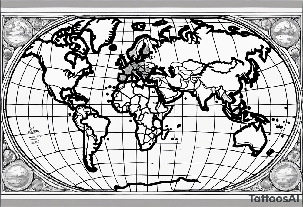 the earth on a flat map with no shading placed on a grid with only the lines with accurate depictions of the borders in countries while having it in an oval/circular position on a grid without any borders on the sides while having the countries not have such bold borders tattoo idea