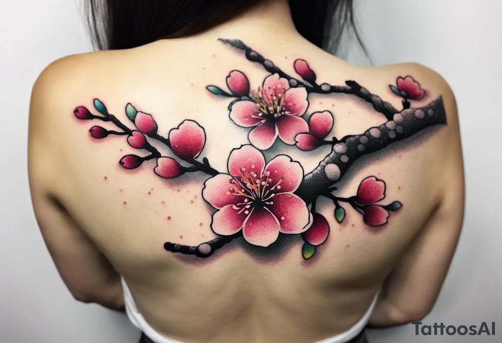 Shoulder tattoo of cherry blossom branch in rainbow colors tattoo idea