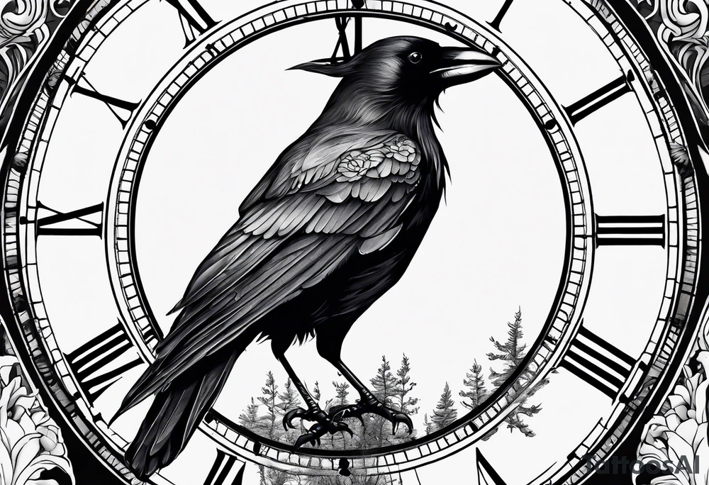 crow looking back twisted neck inside a old clock with pointers and markers being a forest tattoo idea