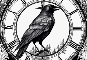 crow looking back twisted neck inside a old clock with pointers and markers being a forest tattoo idea