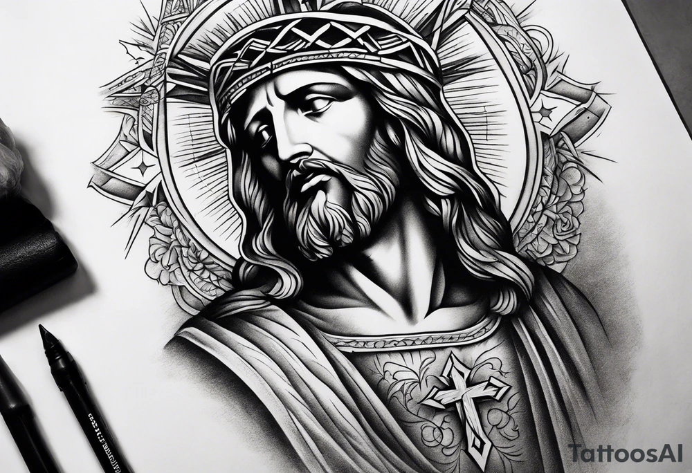 jesus side leg tattoo with a cross and bible verse tattoo idea