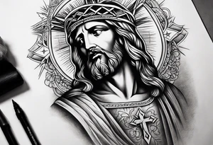 jesus side leg tattoo with a cross and bible verse tattoo idea