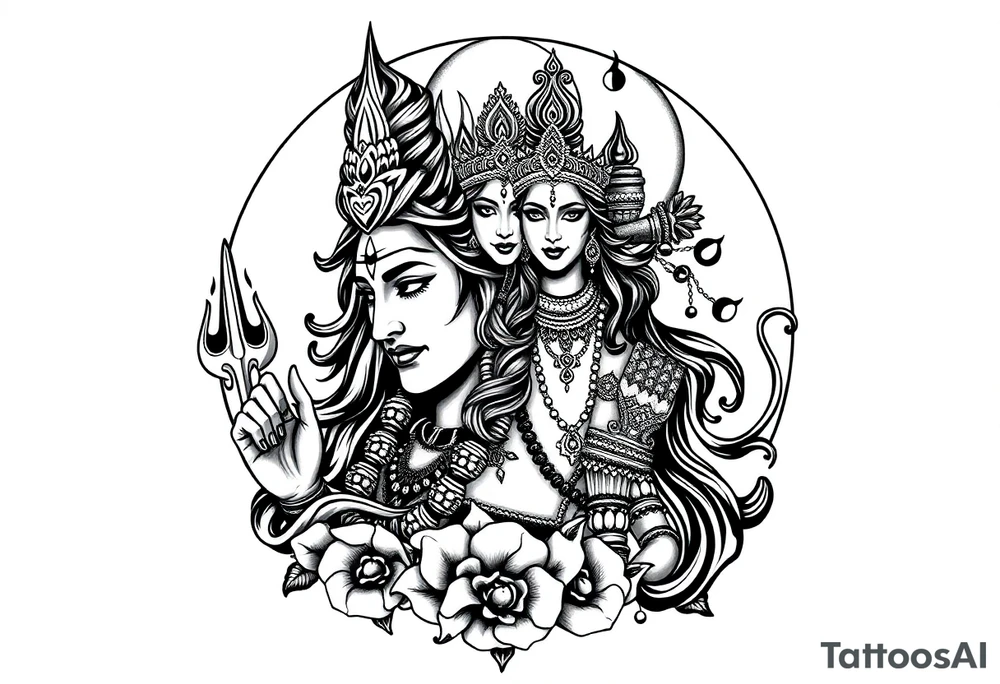 Lord Shiva, Godess Kali, Godess Lilith with the moon phases in the background tattoo idea