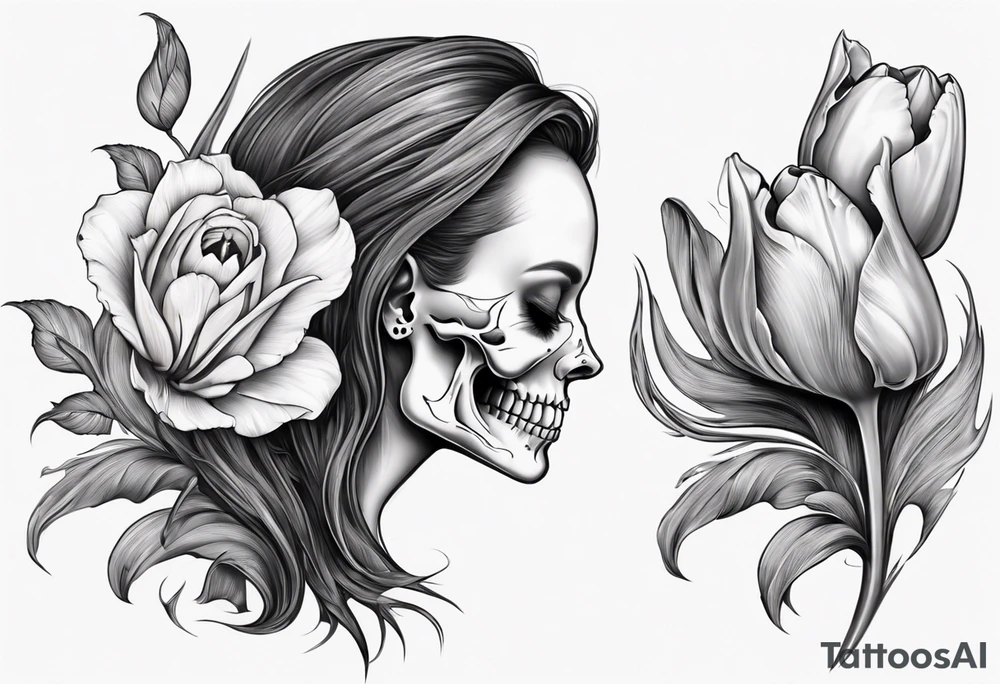sideview of smiling female skull with long hair, one decayed tulip, one perfect tulip and one tulip bud tattoo idea