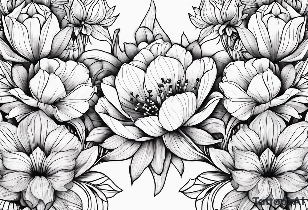 Verticle arm placement of dainty TULIPS, LILLIES, DRAGONflower, poppy, bees, peony, forearm tattoo idea