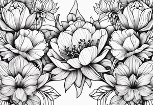 Verticle arm placement of dainty TULIPS, LILLIES, DRAGONflower, poppy, bees, peony, forearm tattoo idea