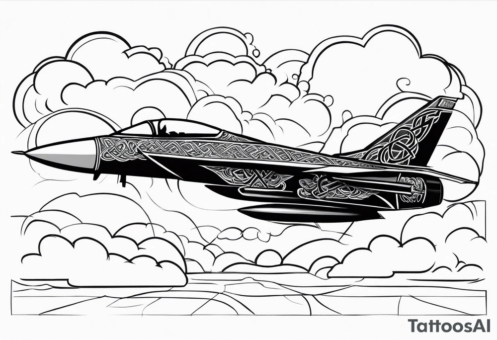 Fighter jet with a Celtic cross in the clouds. With the date 09-07-2023 in clouds tattoo idea Fighter jet with a Celtic cross in the clouds. With the date 09-07-2023 in clouds tattoo idea