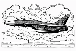 Fighter jet with a Celtic cross in the clouds. With the date 09-07-2023 in clouds tattoo idea