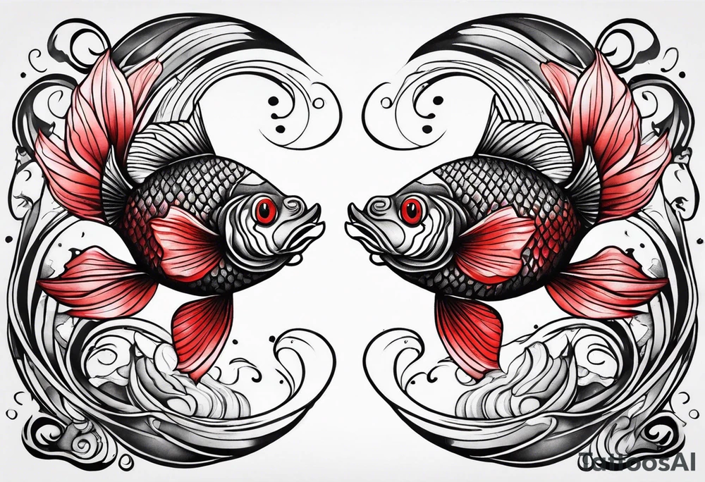 twin coi fish one red one black with waves and lotus flowers tattoo idea