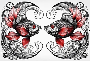 twin coi fish one red one black with waves and lotus flowers tattoo idea